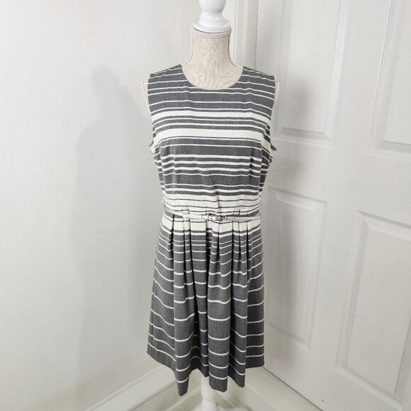 Calvin Klein Dress Womens 12 Gray Striped Career Belted Lined Knee Length Pleats - Picture 1 of 14